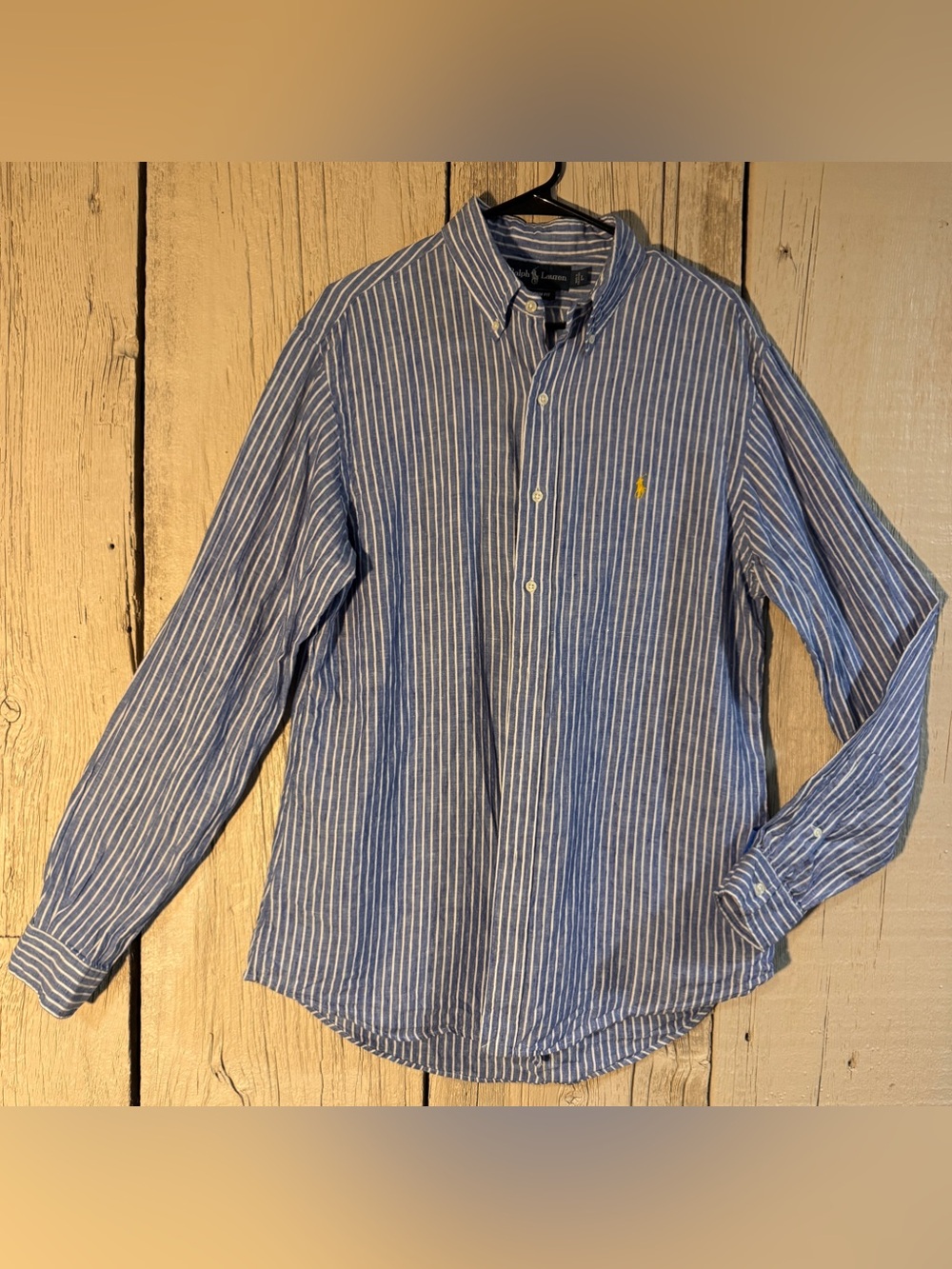 Ralph Lauren 100% Linen Shirt Men Large Blue White Stripe Custom Fit Pony Logo L